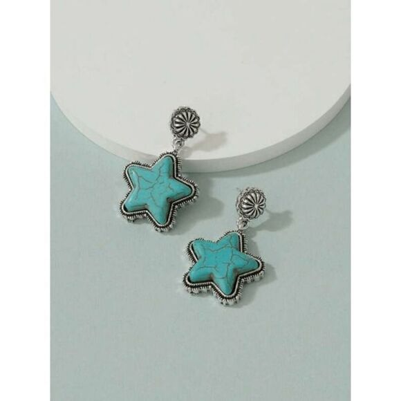 Silver Turquoise Western Star Dangle Earrings - Picture 1 of 5
